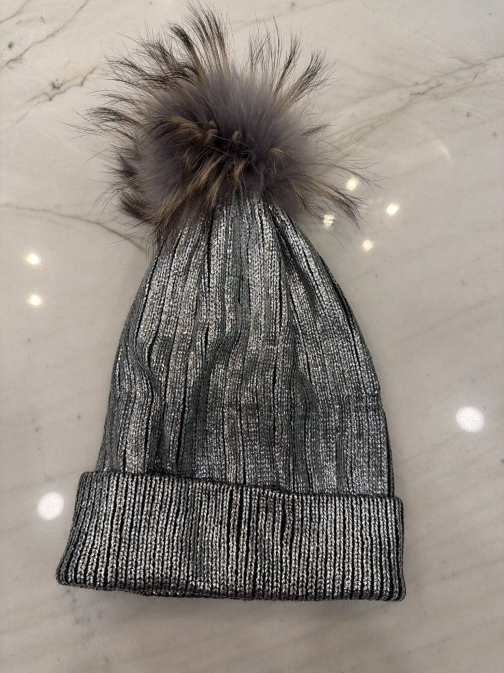 Bari Lynn Girls Large Metallic Knit Beanie With Faux Fur Pom By Bart Lynn Large